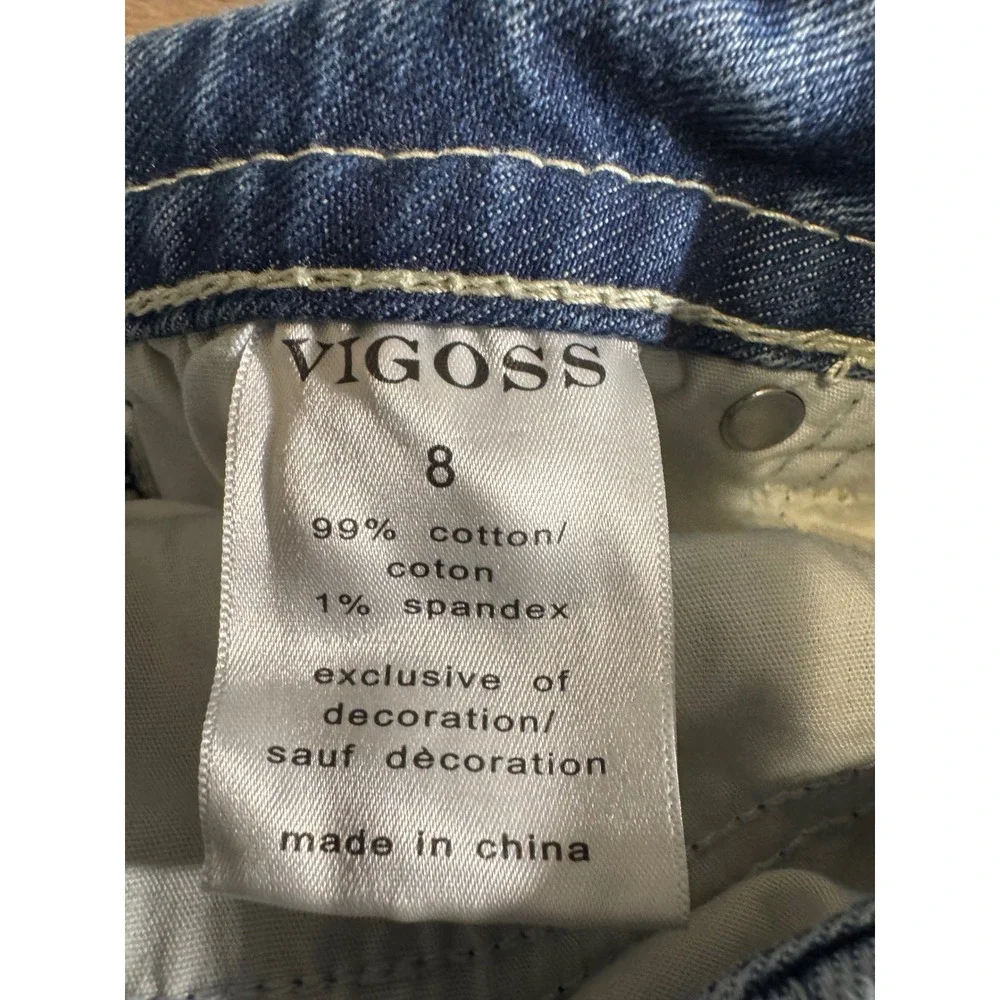 Vigoss Straight Leg Distressed Jeans Blue Medium Wash Embroidered Pockets Size 8